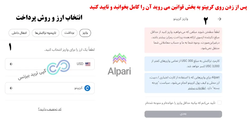 شارژ حساب آلپاری با تتر - واریز تتر به آلپاری - شارژ آلپاری با تتر