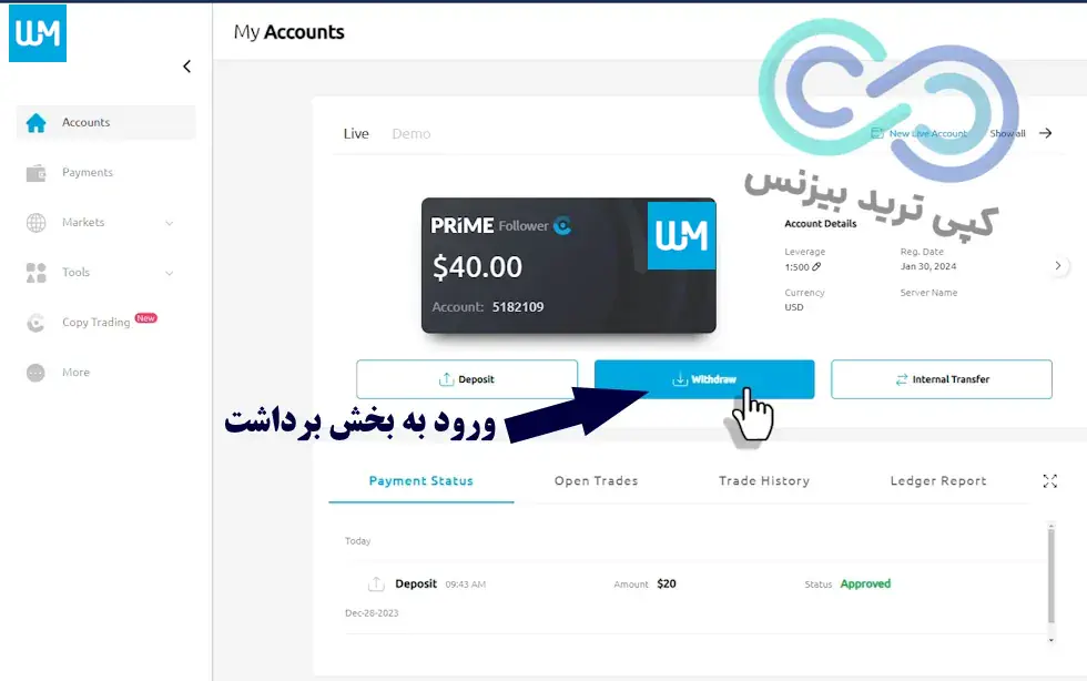 برداشت از حساب دبلیو ام مارکتس - نحوه برداشت پول از دبلیو ام مارکتس - آمورش برداشت از دبلیو ام مارکتس با تتر
